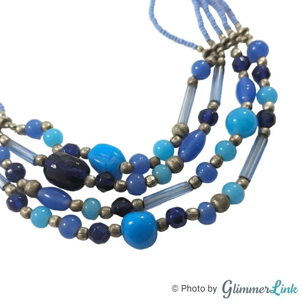 Boho Multi Strand Blue & Silver Tone Seed Bead Artsy Layered Necklace